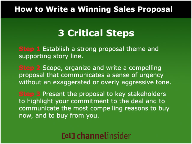 3 Critical Steps</b><br/><b>Step 1</b> Establish a strong proposal theme and supporting story line.<br/><b>Step 2</b> Scope, organize and write a compelling proposal that communicates a sense of urgency without an exaggerated or overly aggressive tone.<br