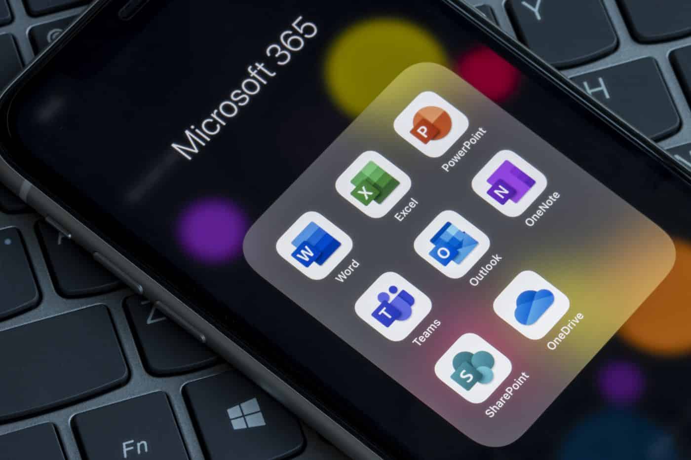 Microsoft 365 applications on a smartphone screen.