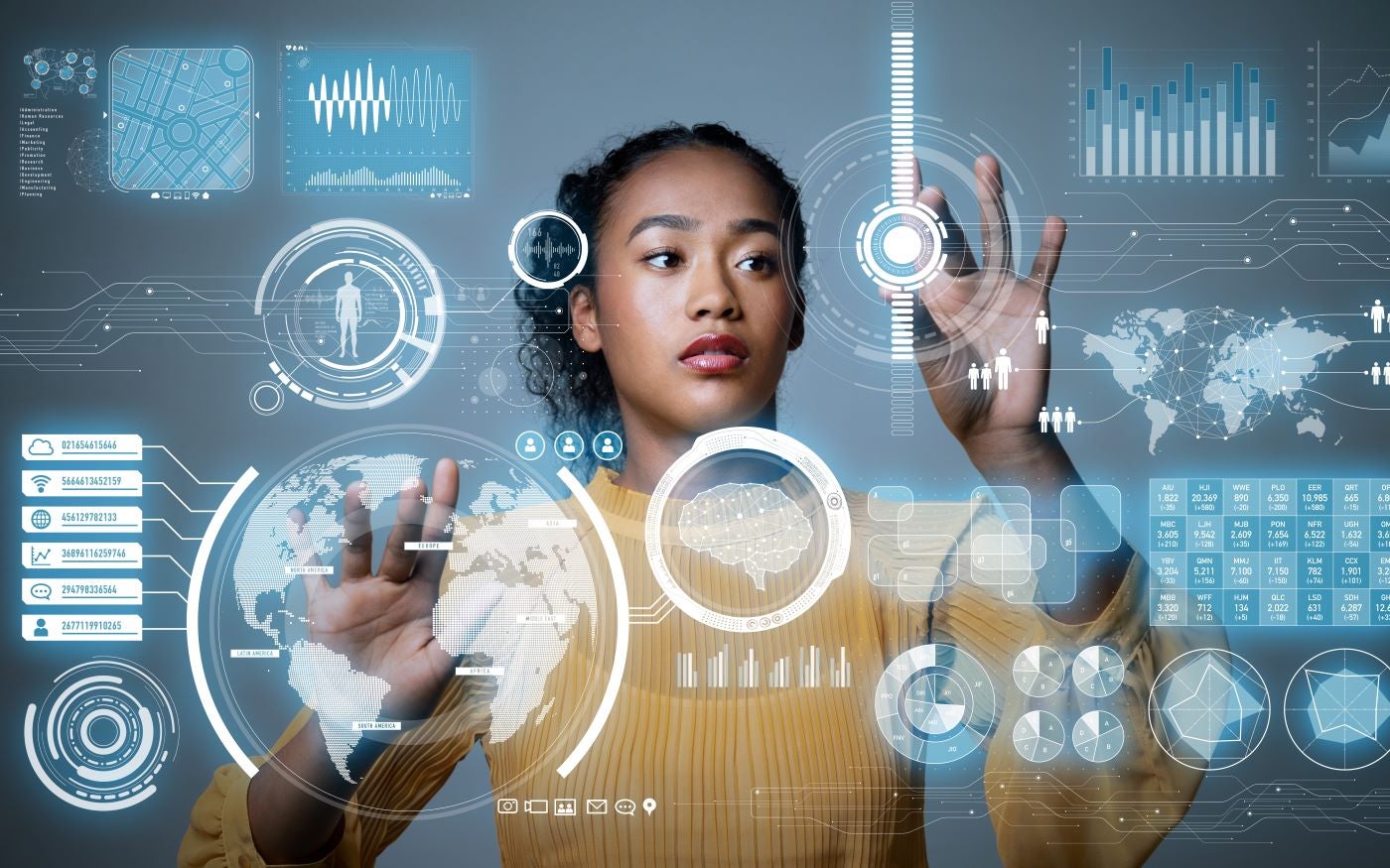 Woman managing many different network icons during disaster recovery.