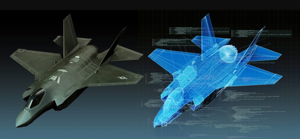 A blueprint from Booz Allen of a digital twin solution for a military jet.