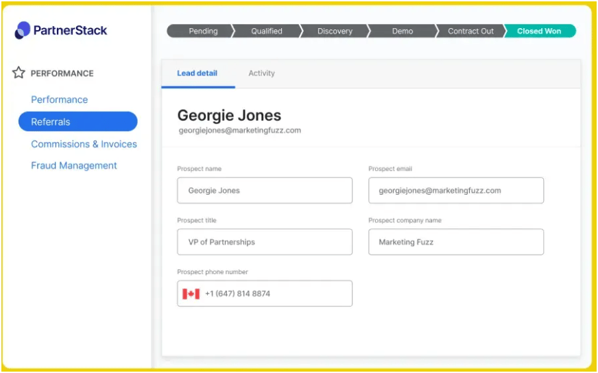 PartnerStack’s partner management and referrals menu.
