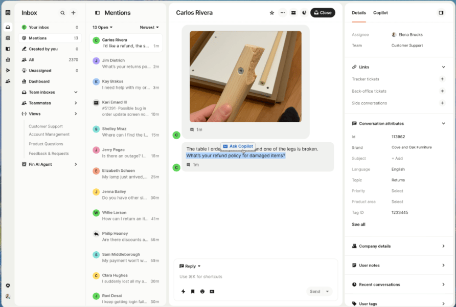 Intercom Helpdesk interface