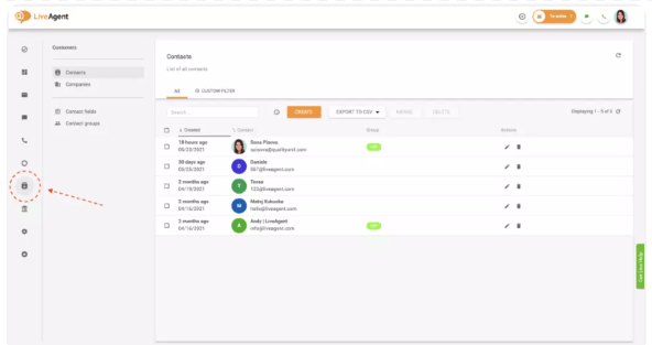 LiveAgent Contacts Menu