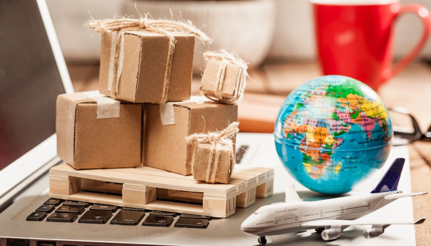 Global online shopping transportation and fulfillment concept.