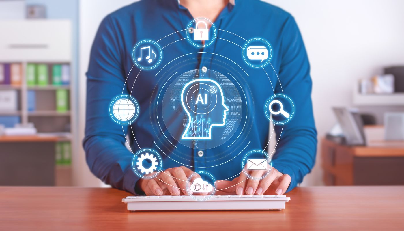 Man using laptop with AI and virtual interface