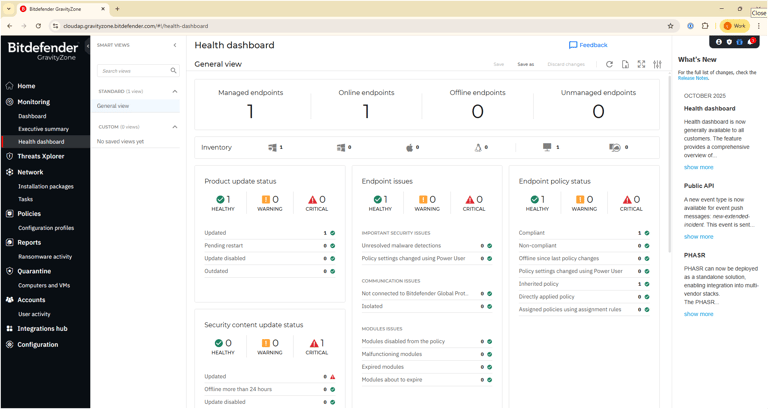 Bitdefender GravityZone’s Health Dashboard.
