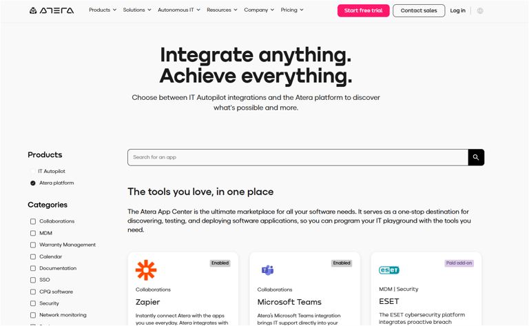 Atera’s integration portal.