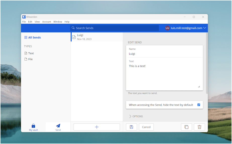 Bitwarden Send encrypted text and file-sharing.