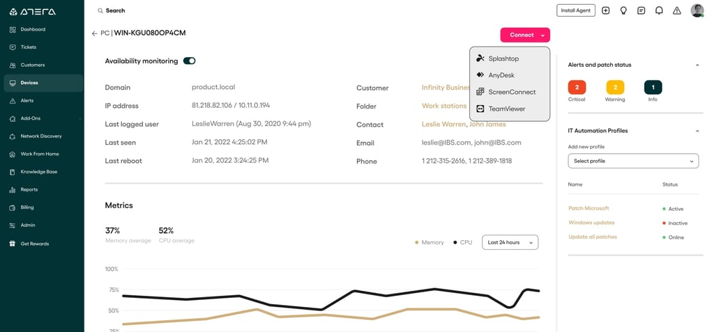 Devices menu on Atera.